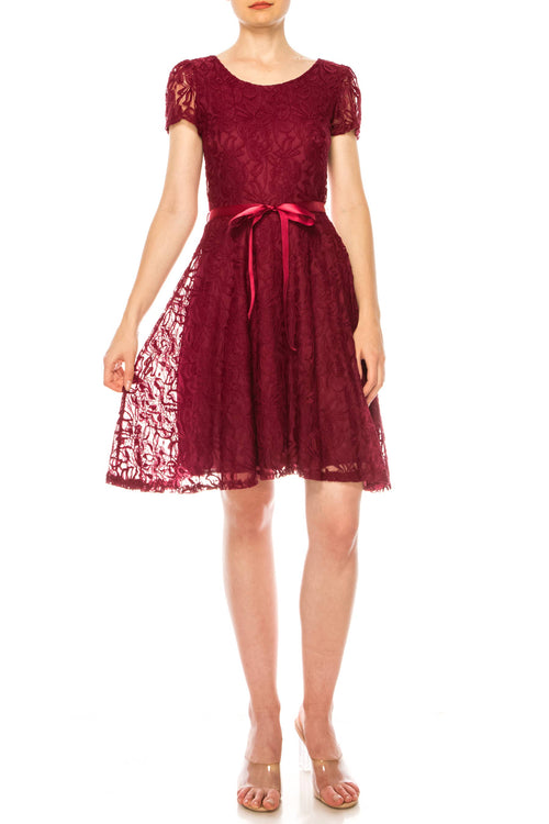MOA COLLECTION - Women's Lace Short Sleeve A-Line Midi Dress