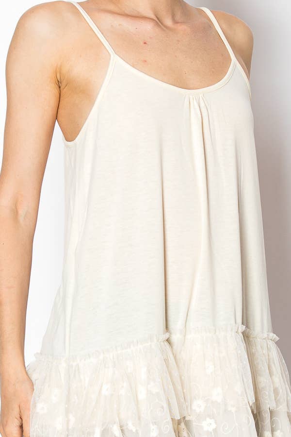 Origami Apparel ~ Lace and Crochet inspired - Adjustable Relaxed Cami Tank With Layered Ruffled Trim - T14 BEIGE