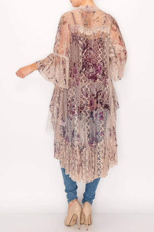 Origami Apparel ~ Lace and Crochet inspired - Ethereal Lace Tiered High-Low Kimono Cardigan - 4508 TAUPE/2 ROSE