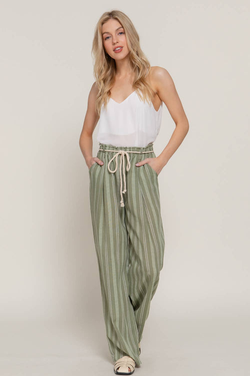 42POPS - ...SI-27859 Rope Belted Stripe Print Linen Effect Pants w/ Pock