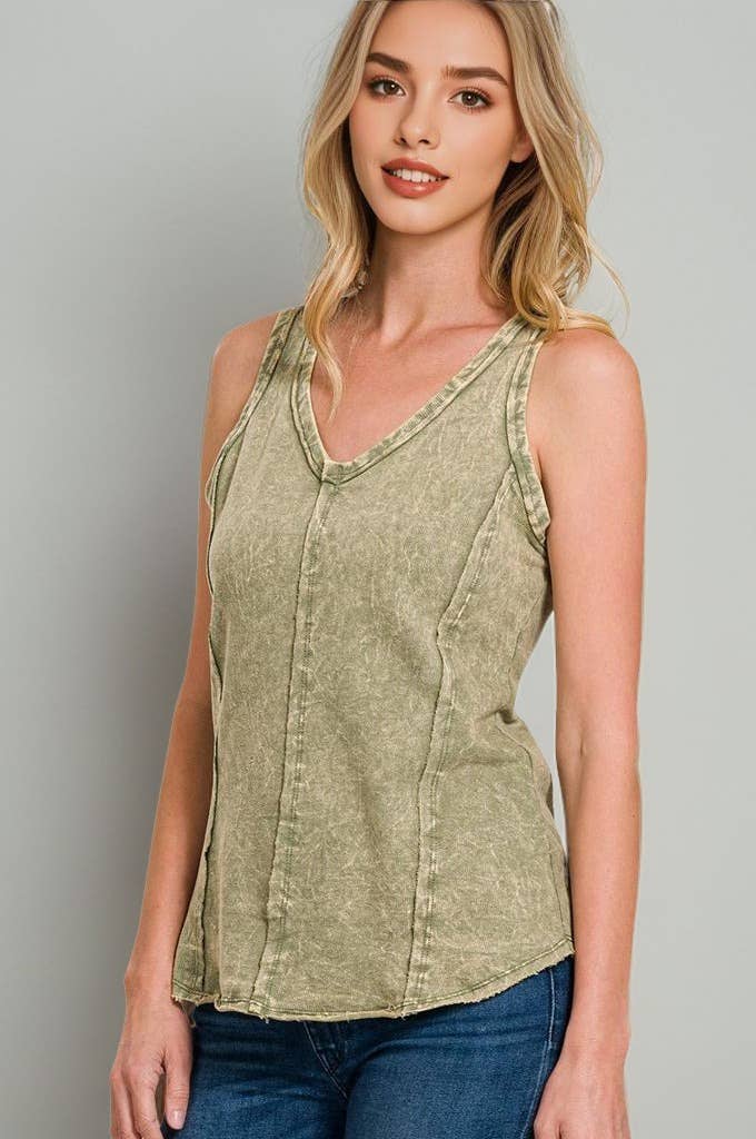 42POPS - `.FRENCH TERRY CRINKLE WASHED RAW EDGE V-NECK SLEEVEL