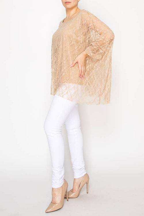 Origami Apparel ~ Lace and Crochet inspired - Subtly Glam Lace Overlay Top With Lining & Sparkles - 4853TAUPE