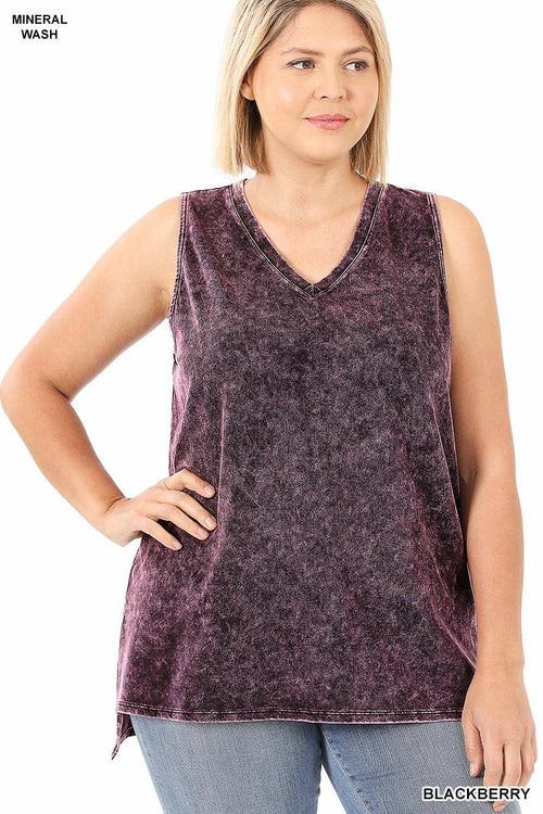 42POPS - ,,,,....SI-22151 Plus size Mineral Wash Top w/ Side Slit