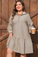 Khaki Stripe Zip up Collared Puff Sleeve Ruffled Plus Size Mini Dress