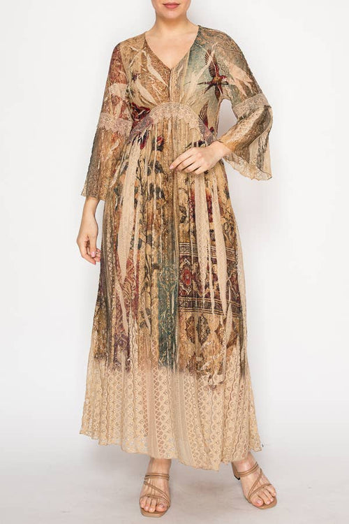 Origami Apparel ~ Lace and Crochet inspired - Romantic Lace Bell-Sleeved A-Line Midi Dress - 4658TP VINT BIRD