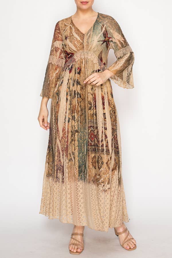 Origami Apparel ~  Lace and Crochet inspired - Romantic Lace Bell-Sleeved A-Line Midi Dress - 4658TP VINT BIRD