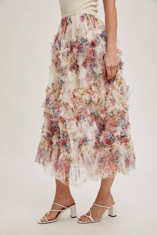 Bluivy - FLORAL RUFFLED MESH MIDI SKIRT