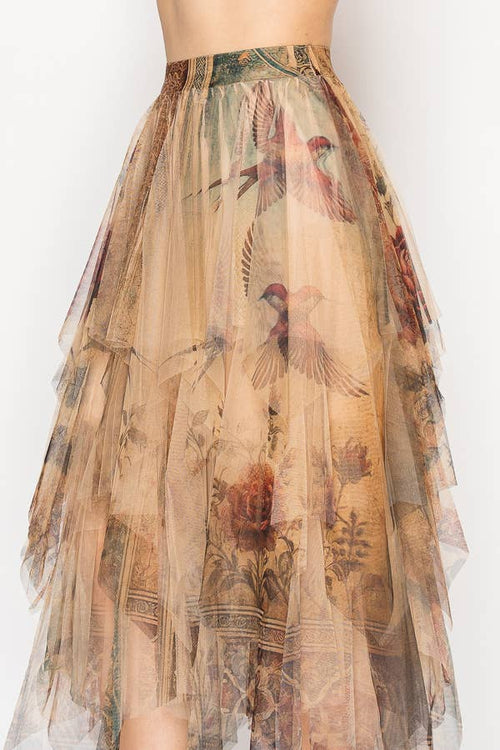 Origami Apparel ~ Lace and Crochet inspired - Dreamy Tiered Tulle Midi Skirt With Floaty Hem - 4546TP VINTAGE BIRD