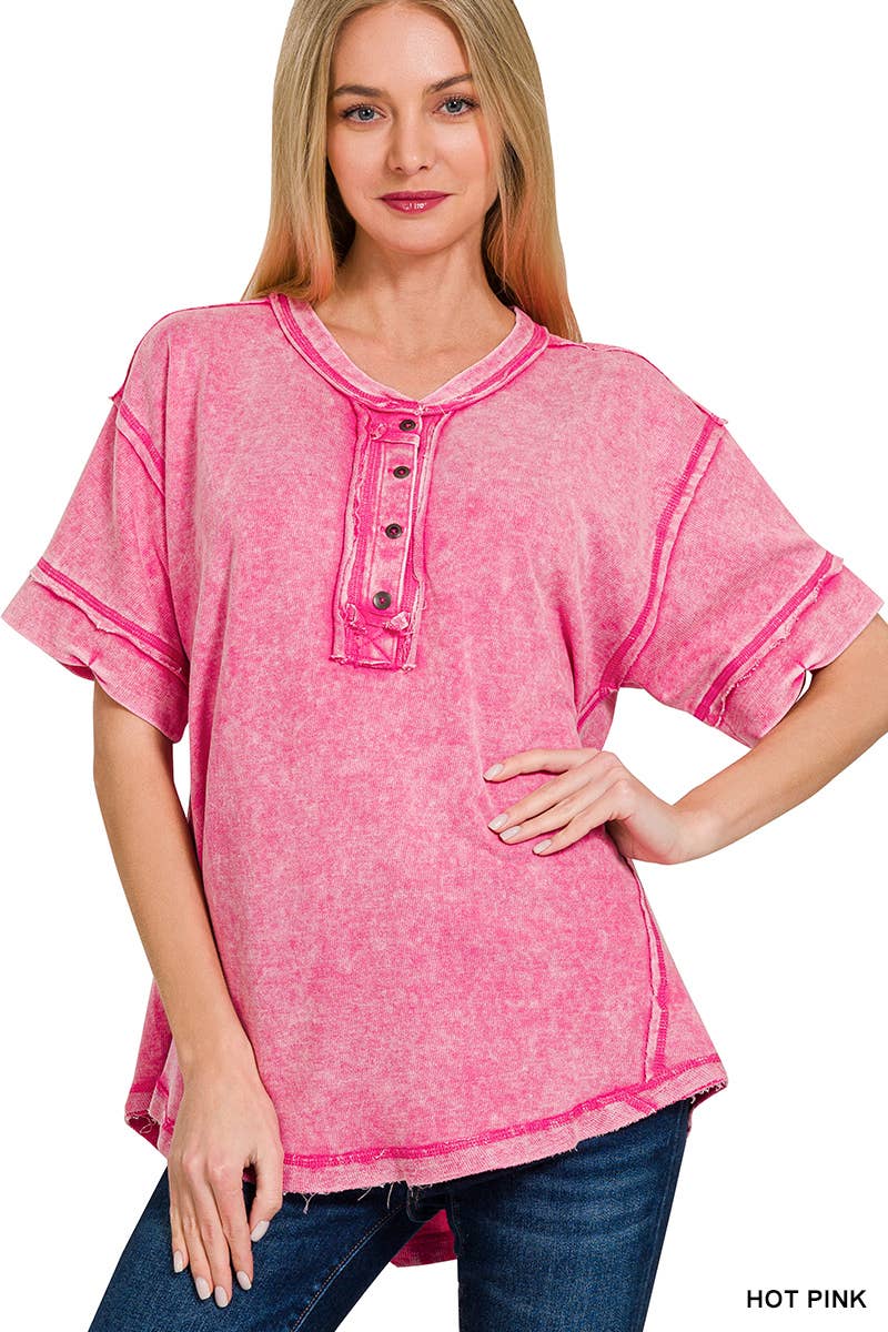 42POPS - `.Washed Raw Edge Detailed Button Closure Top