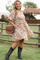 Beige Printed Surplice V Neck Cuffed Sleeve Empire Waist Plus Size Dress