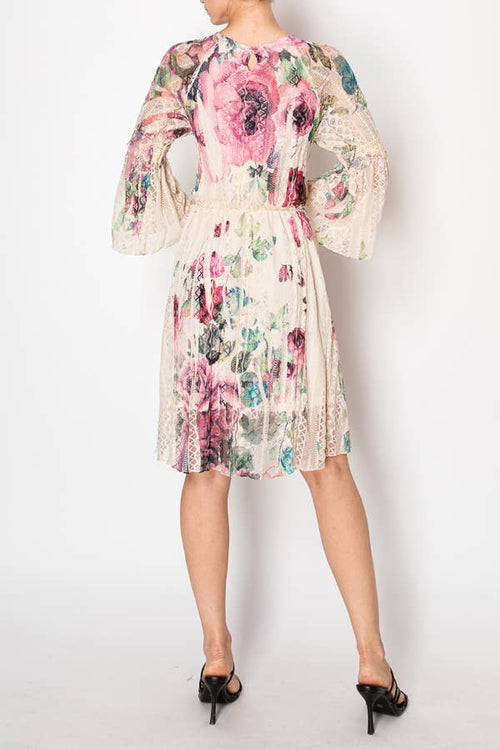 Origami Apparel ~ Lace and Crochet inspired - Dreamy Lined Short Lace Dress With Bell Sleeves - 4810BG BIG ROSE