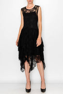 Origami Apparel ~ Lace and Crochet inspired - Whimsical Sleeveless Lace Midi Dress With Unattached Slip - 4609BLACK