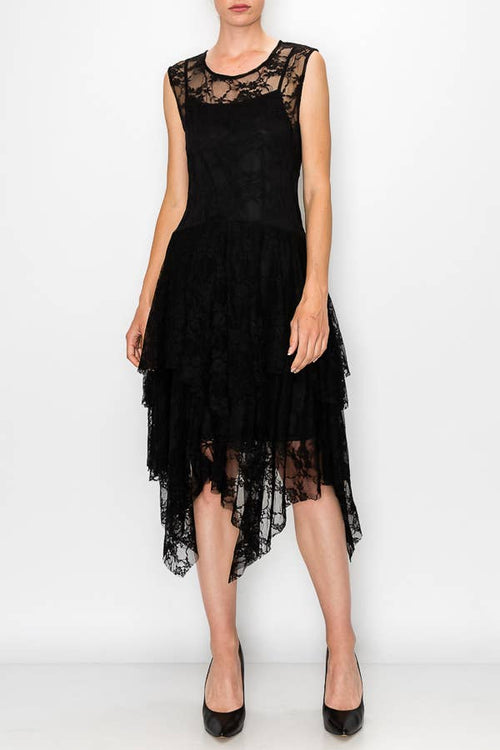 Origami Apparel ~ Lace and Crochet inspired - Whimsical Sleeveless Lace Midi Dress With Unattached Slip - 4609BLACK