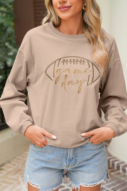 White Football Graphic Game Day Embroidered Corded Sweatshirt