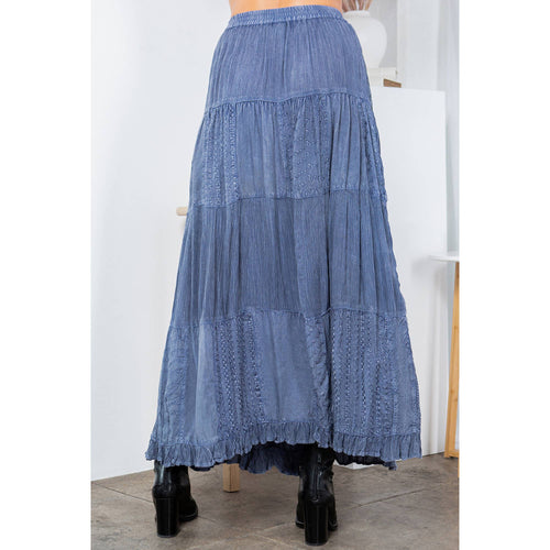 Young Threads - Retro Chic Crinkled Tiered Green Skirt With Mixed Embroidery Patch