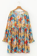 Blue Plus Size Floral Ruffled Long Sleeve Flowy Mini Dress