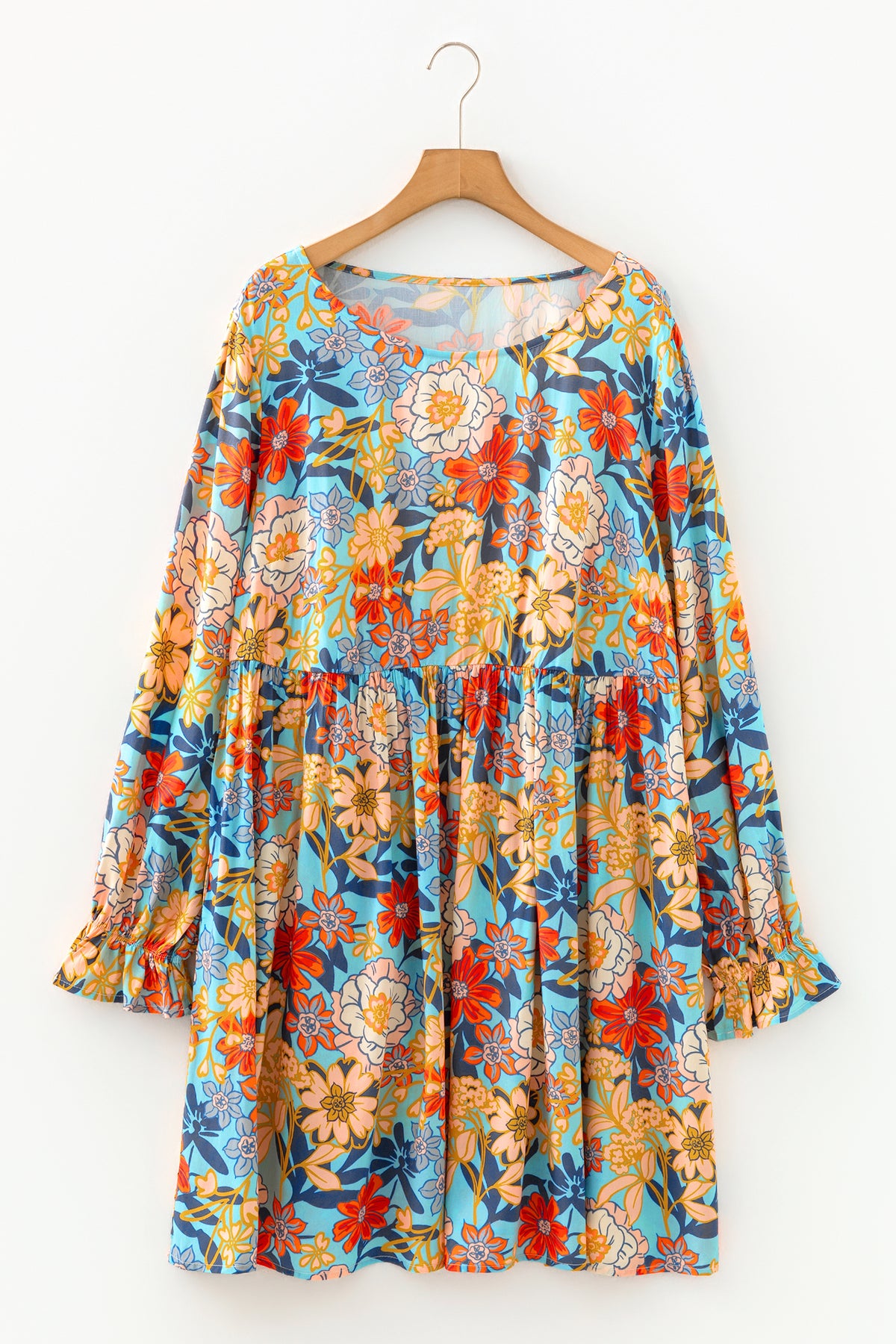 Blue Plus Size Floral Ruffled Long Sleeve Flowy Mini Dress