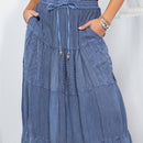 Young Threads - Retro Chic Crinkled Tiered Green Skirt With Mixed Embroidery Patch