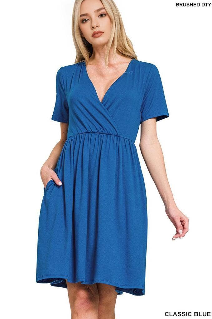 42POPS - 0719 Brushed Dty Buttery Soft Fabric Surplice Dress w/ pockets SI