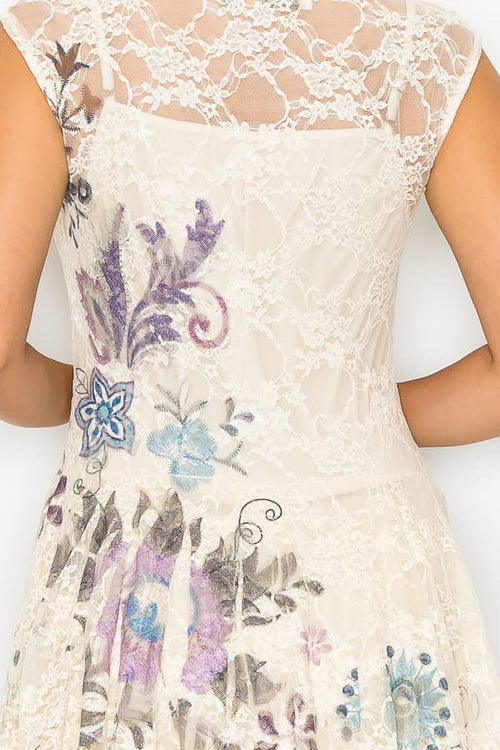 Origami Apparel ~ Lace and Crochet inspired - Whimsical Sleeveless Lace Midi Dress With Unattached Slip - 4609BG EMBO FL