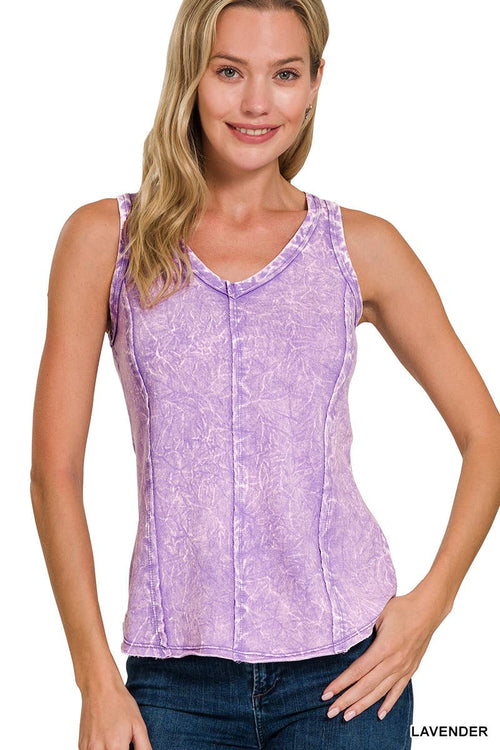42POPS - `.SI-25350 Washed Raw Edge V Neck Sleeveless Top