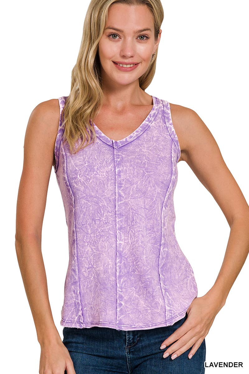 42POPS - `.SI-25350 Washed Raw Edge V Neck Sleeveless Top