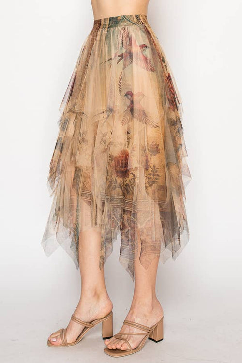 Origami Apparel ~ Lace and Crochet inspired - Dreamy Tiered Tulle Midi Skirt With Floaty Hem - 4546TP VINTAGE BIRD
