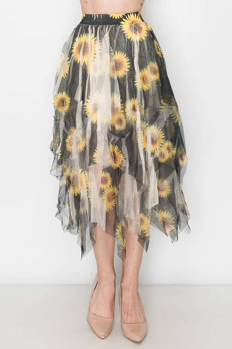 Origami Apparel ~ Lace and Crochet inspired - Dreamy Tiered Tulle Midi Skirt With Floaty Hem - 4546 BG/BK SUN FL