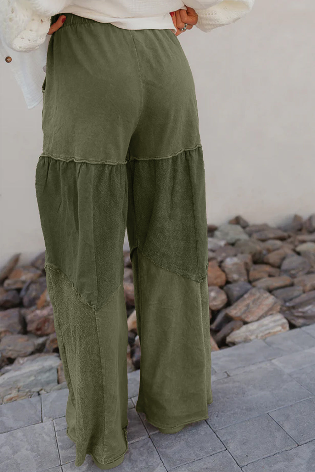Mineral Wash Tiered Wide Leg Patchwork Drawstring Pants