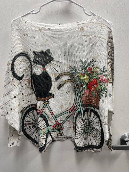 LOOWIE - Z457 Black Cat Round Knit Printed Sweater LOOWIE