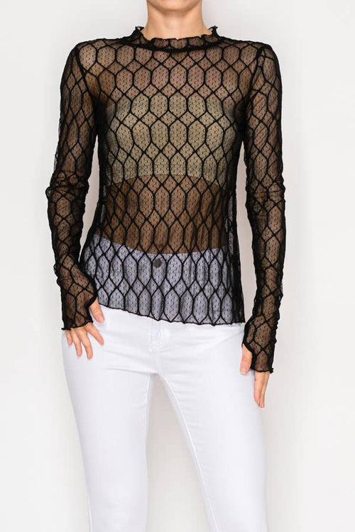 Origami Apparel ~ Lace and Crochet inspired - Sheer Lattice Mesh Long Sleeve Blouse - OLS-4866 BK