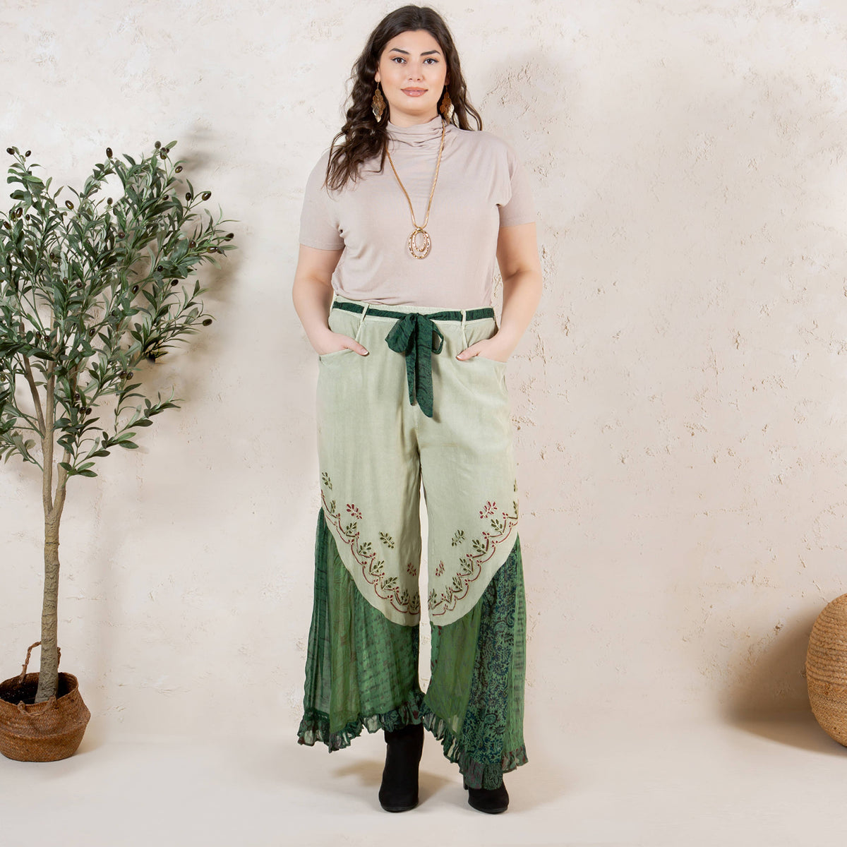 Young Threads - Boho Overdyed Rayon Bellbottom Pants : Gravel / PLUS (XL-1X-2X-3X 1-2-2-1)