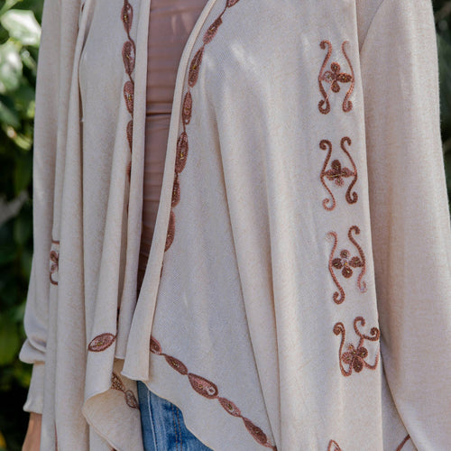 Young Threads - Artisan Plush Knit Kimono Shrug with Handcrafted Embroidery