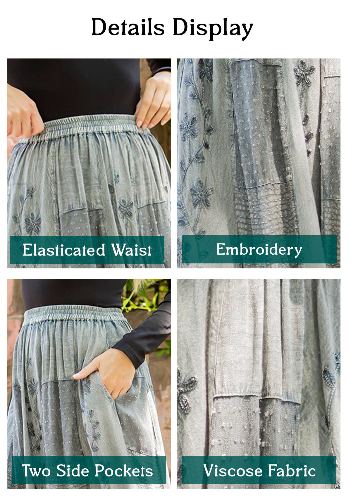 Young Threads - Women Patchwork Embroidered Grey Maxi Skirt With Side Pockets