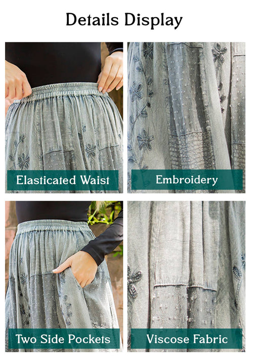 Young Threads - Women Patchwork Embroidered Grey Maxi Skirt With Side Pockets