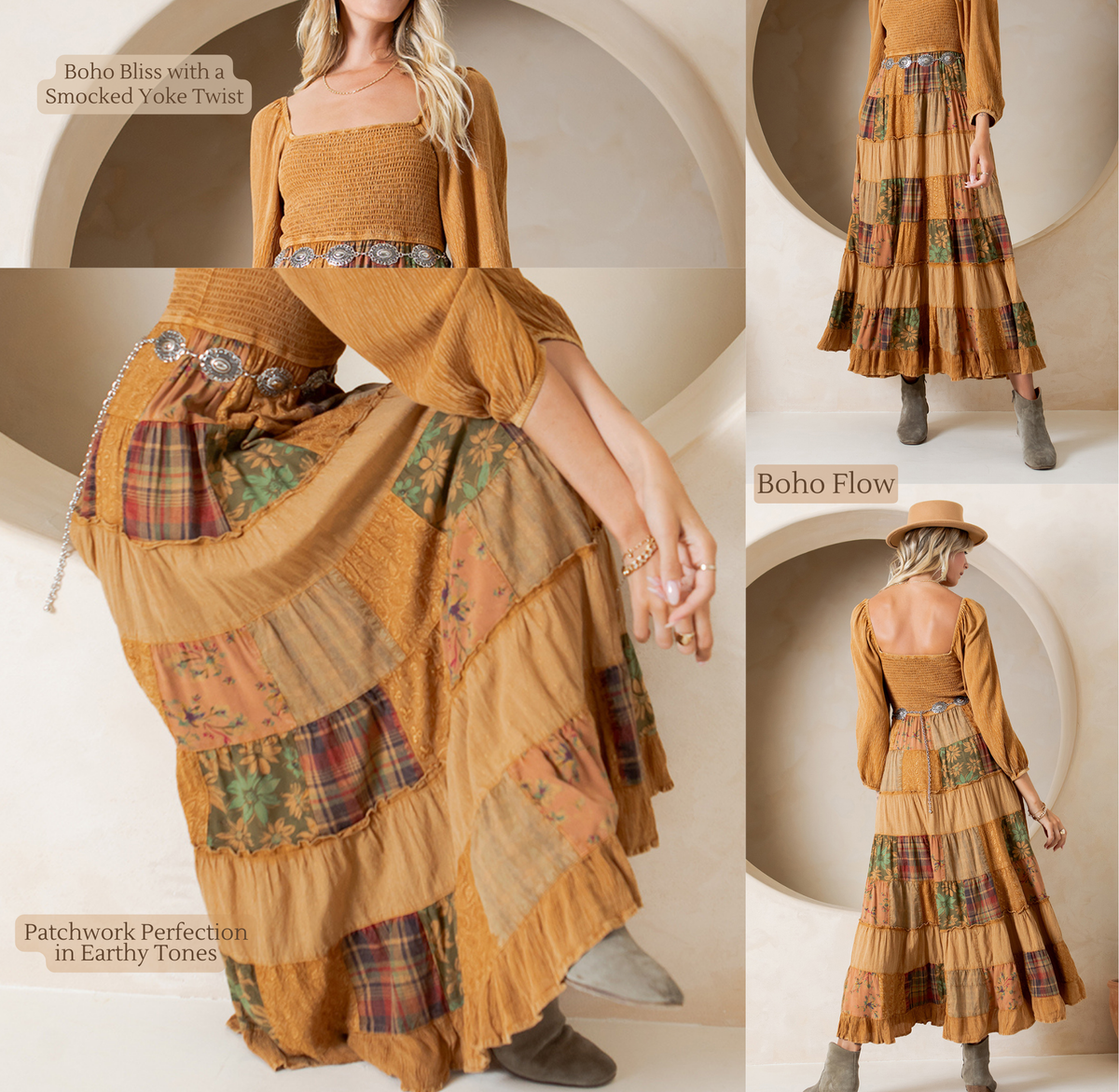 Young Threads - Rustic Bohemian: Smocked Patchwork Maxi Dress - New