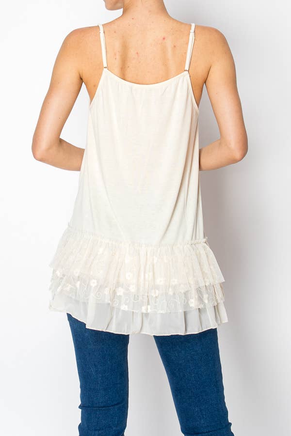 Origami Apparel ~ Lace and Crochet inspired - Adjustable Relaxed Cami Tank With Layered Ruffled Trim - T14 BEIGE