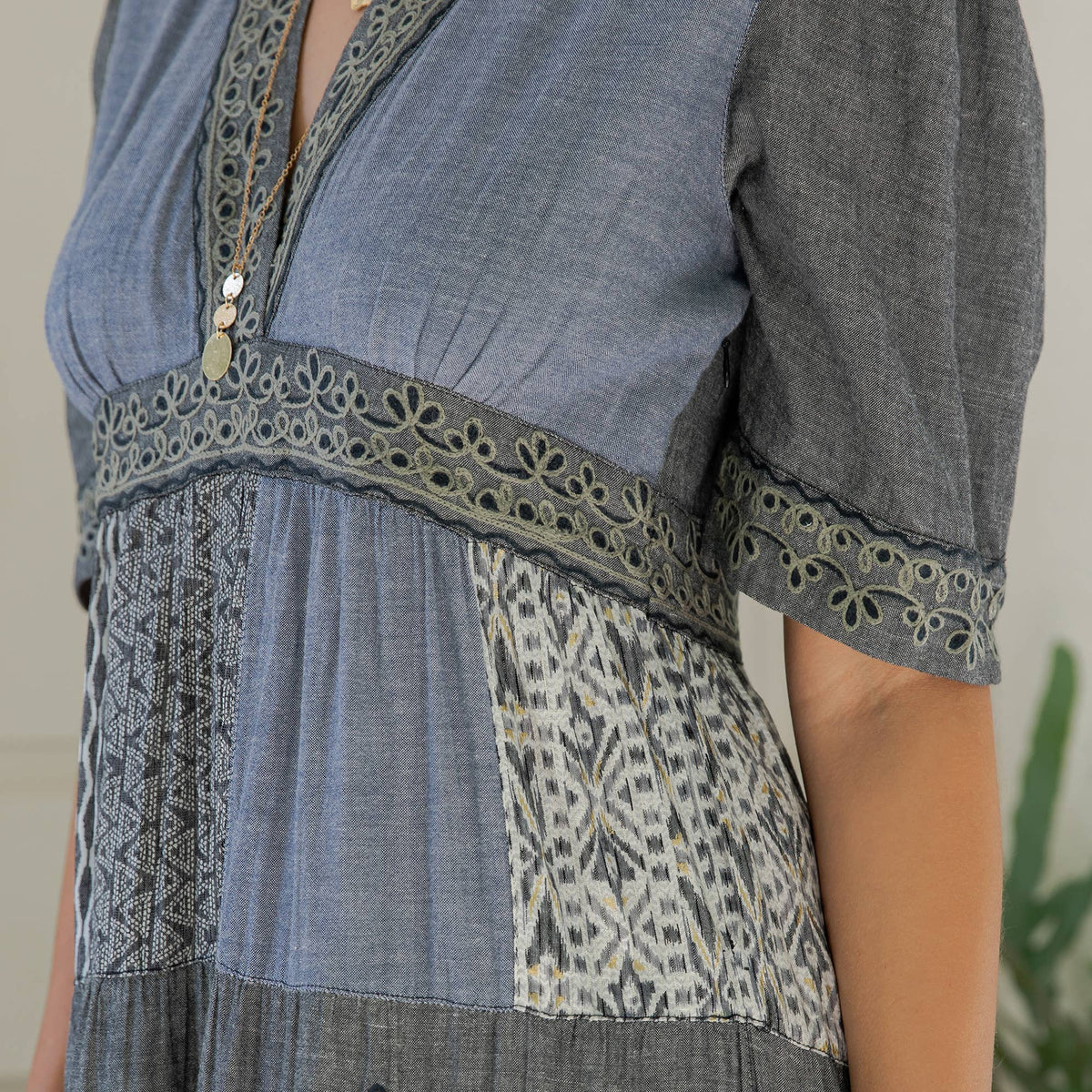 Young Threads - Eclectic Charm: Stone-Washed Rayon V-Neck Long Dress New