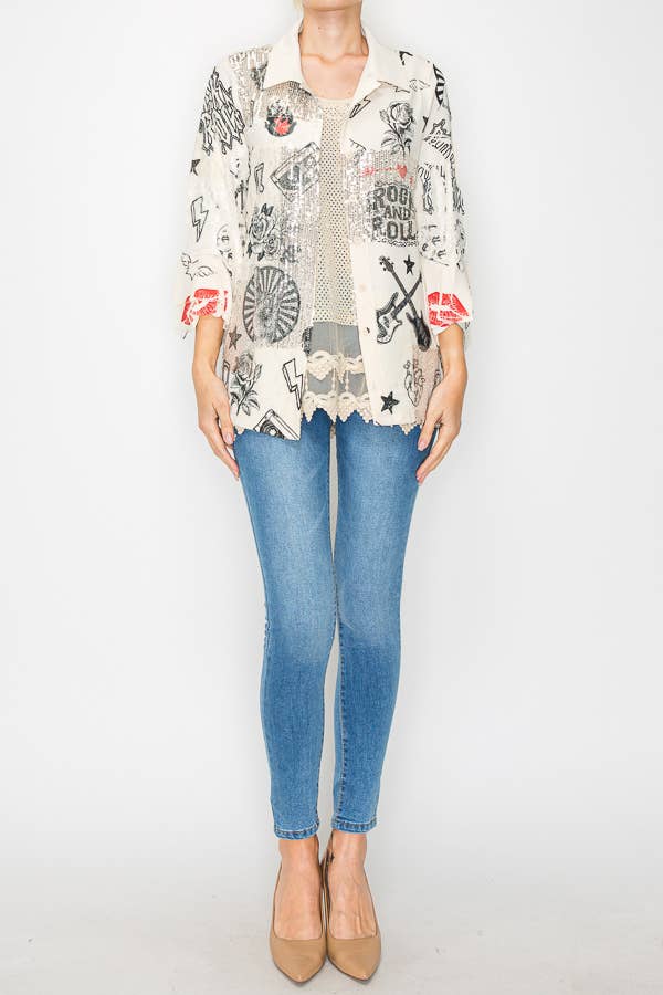 Origami Apparel ~  Lace and Crochet inspired - Lightweight Sequin and Lace Detailed Button-Up Blouse - 4718BG RNR