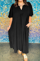 Black Plus Size Solid Color Notched Neck Short Sleeve Loose Dress
