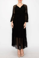 Origami Apparel ~ Lace and Crochet inspired - Romantic Lace Bell-Sleeved A-Line Midi Dress - 4658 BK