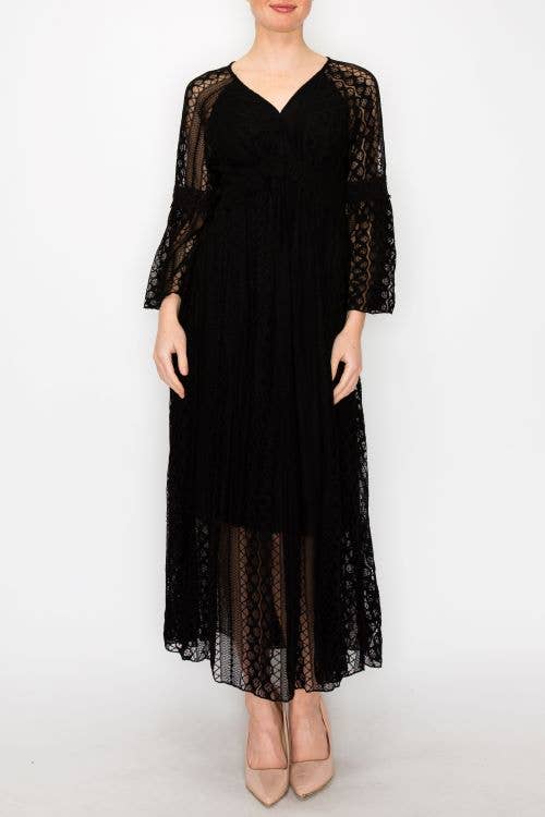 Origami Apparel ~  Lace and Crochet inspired - Romantic Lace Bell-Sleeved A-Line Midi Dress - 4658 BK