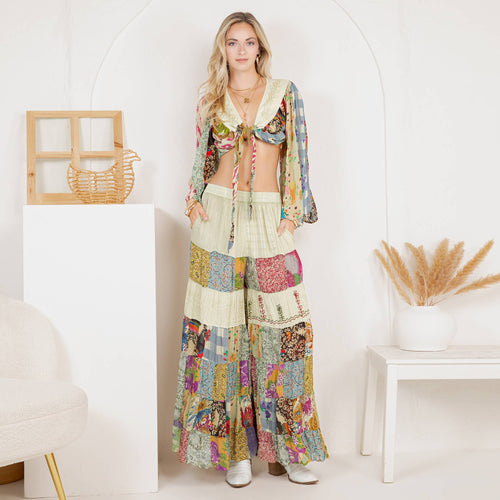 Young Threads - Bohemian Patchwork Set: Tie-Front Top & Flowing Tiered Pants