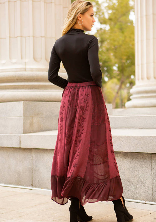 Young Threads - Women Patchwork Embroidered Grey Maxi Skirt With Side Pockets