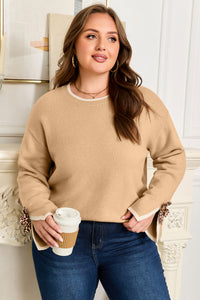 Tan Plus Size Leopard Bow Decor Split Cuffs Loose Sweater