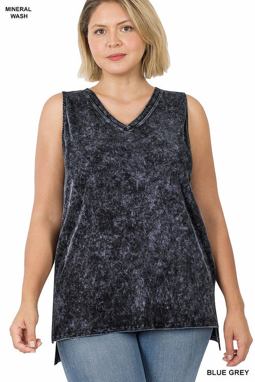 42POPS - ,,,,....SI-22151 Plus size Mineral Wash Top w/ Side Slit