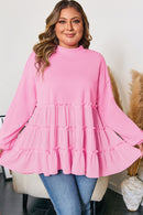 Pink Tiered Ruffle Ribbed Crew Neck Pullover Plus Size Top