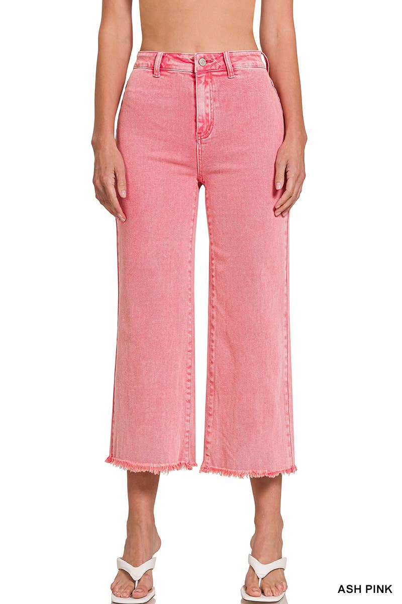 42POPS - ",,..Acid Washed Frayed Cutoff Hem Straight Wide Pants