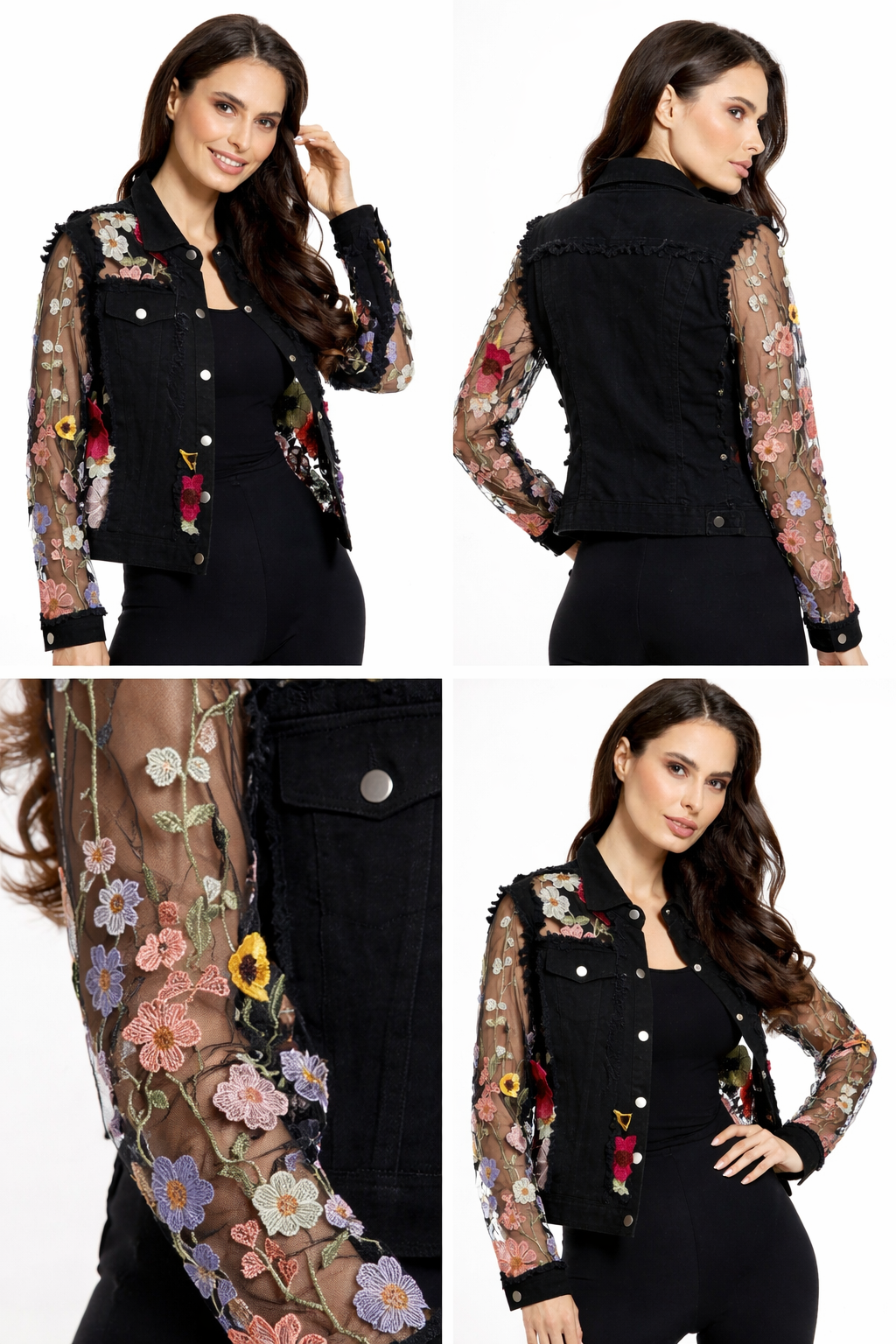 Adore Floral Embroidered Sheer Sleeve Black Denim Jacket 2406B