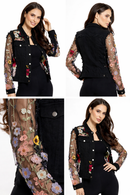 Adore Floral Embroidered Sheer Sleeve Black Denim Jacket 2406B
